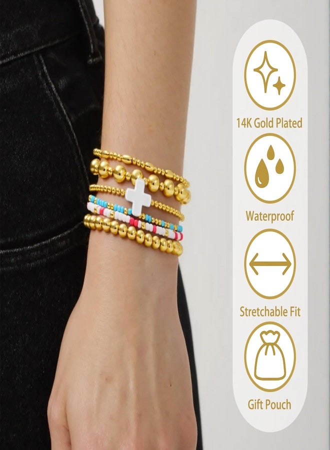 CARITATE Gold Bracelets for Women Waterproof, 14K Gold Plated Beaded Cross Bracelets Set,Boho Stretch Bracelets Stackable Jewelry for Women Teenage Girls Jewelry Christmas Gifts - Image 3